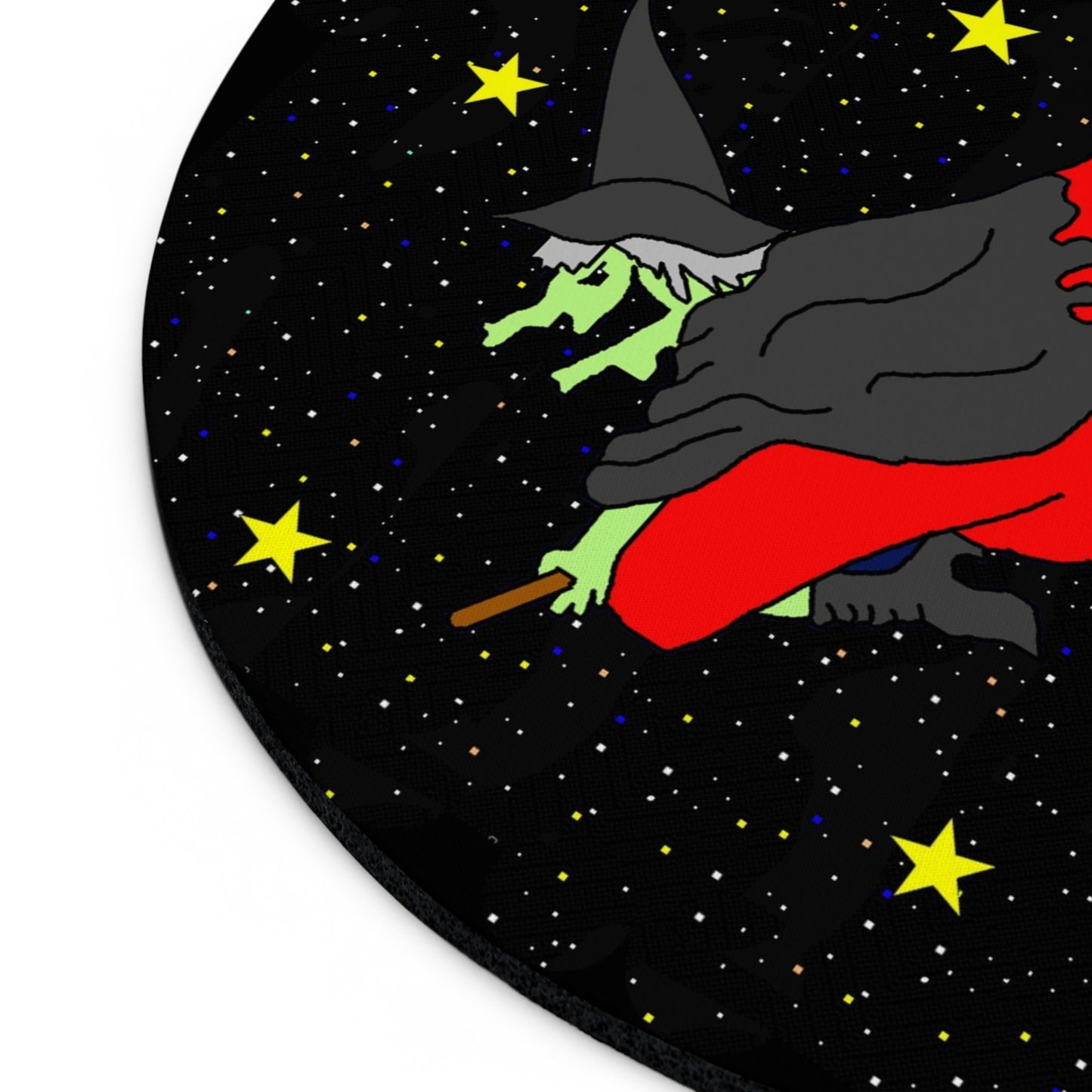 Witch Flying at Night Round Mouse Pad – Halloween Witchcraft Desk Mat