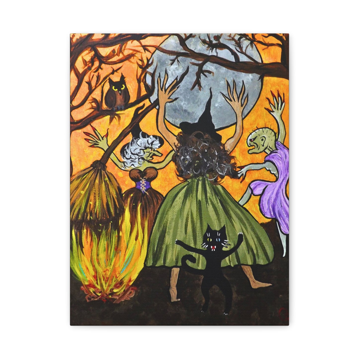 Trickster The Cat Dances with Witches at a Bonfire Matte Canvas, Stretched, 1.25"