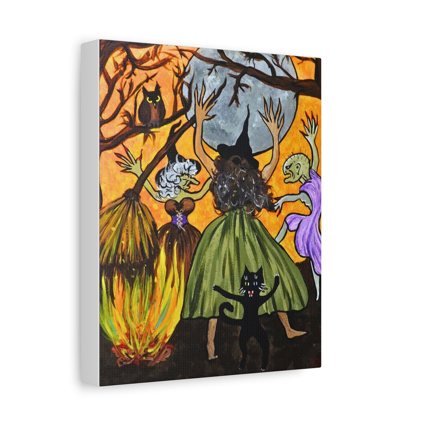 Trickster The Cat Dances with Witches at a Bonfire Matte Canvas, Stretched, 1.25"