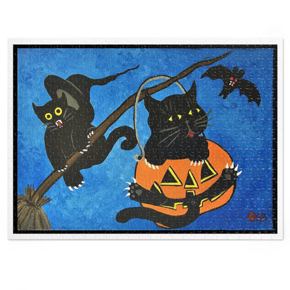 Halloween Black Cats Jigsaw Puzzle with Tin – Cute Pumpkins & Witch Hat Design