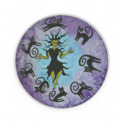 Sorceress witch & Black Cats Round PU Leather Mouse Mat — Halloween Desk Mousepad