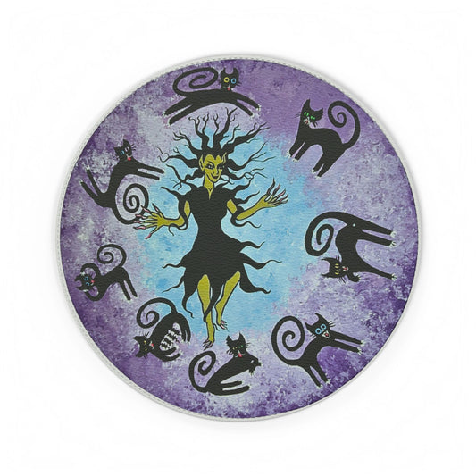 Sorceress witch & Black Cats Round PU Leather Mouse Mat — Halloween Desk Mousepad