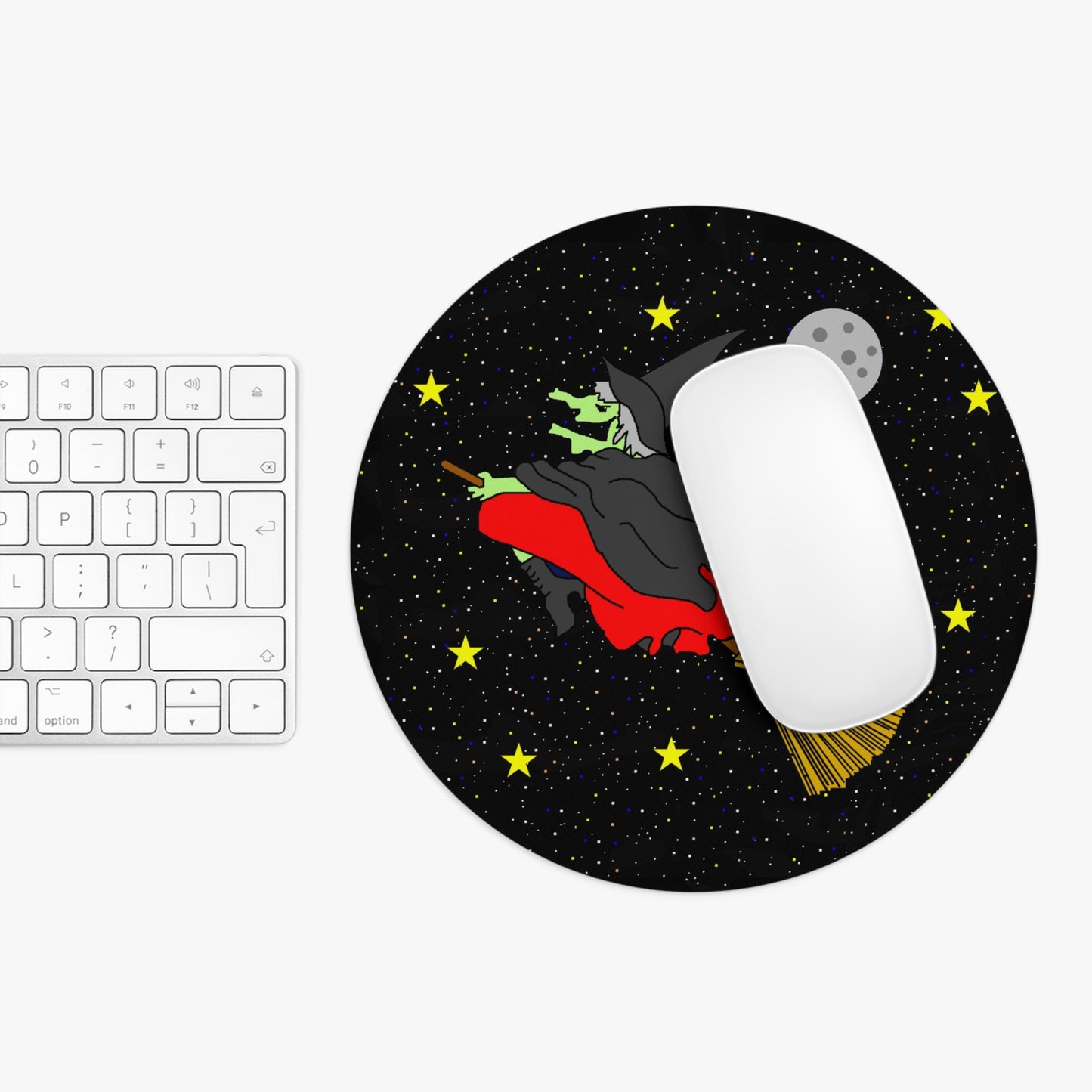 Witch Flying at Night Round Mouse Pad – Halloween Witchcraft Desk Mat