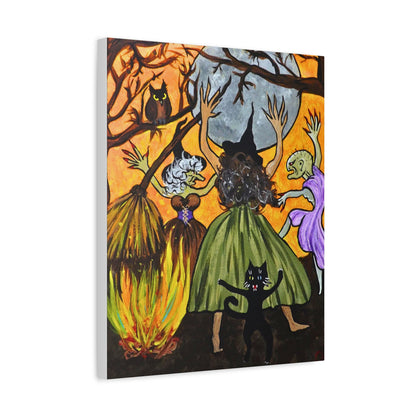 Trickster The Cat Dances with Witches at a Bonfire Matte Canvas, Stretched, 1.25"