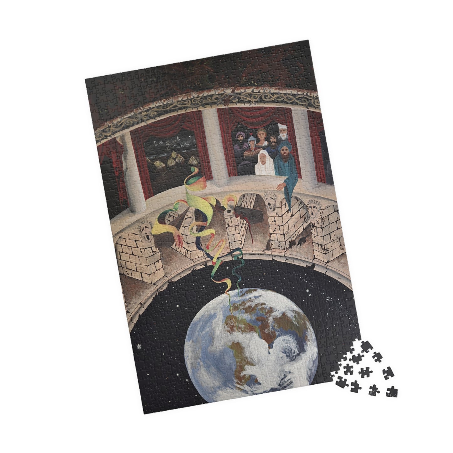 Exploration of Faith through Ethereal Cosmology Jigsaw Puzzle — Surreal Globe & Audience Artwork (110/252/520/1014 pcs)