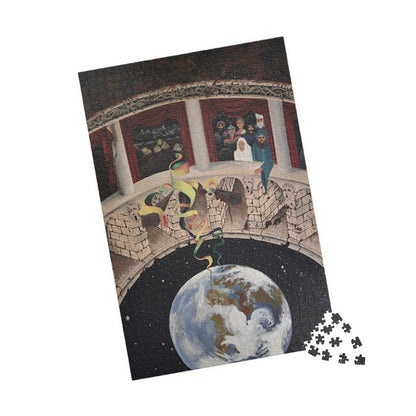 Exploration of Faith through Ethereal Cosmology Jigsaw Puzzle — Surreal Globe & Audience Artwork (110/252/520/1014 pcs)