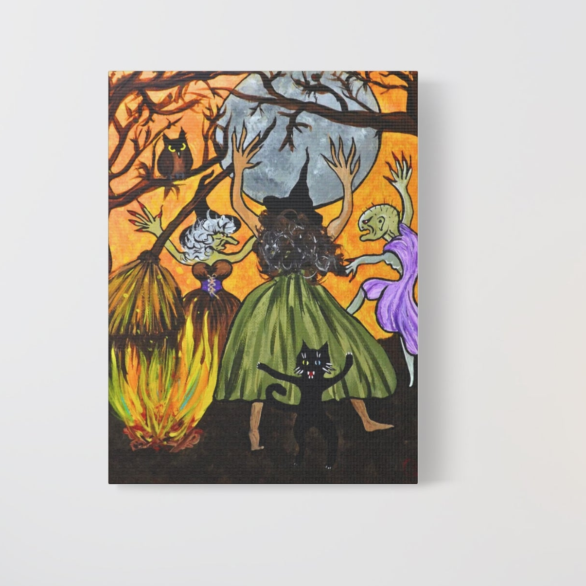Trickster The Cat Dances with Witches at a Bonfire Matte Canvas, Stretched, 1.25"