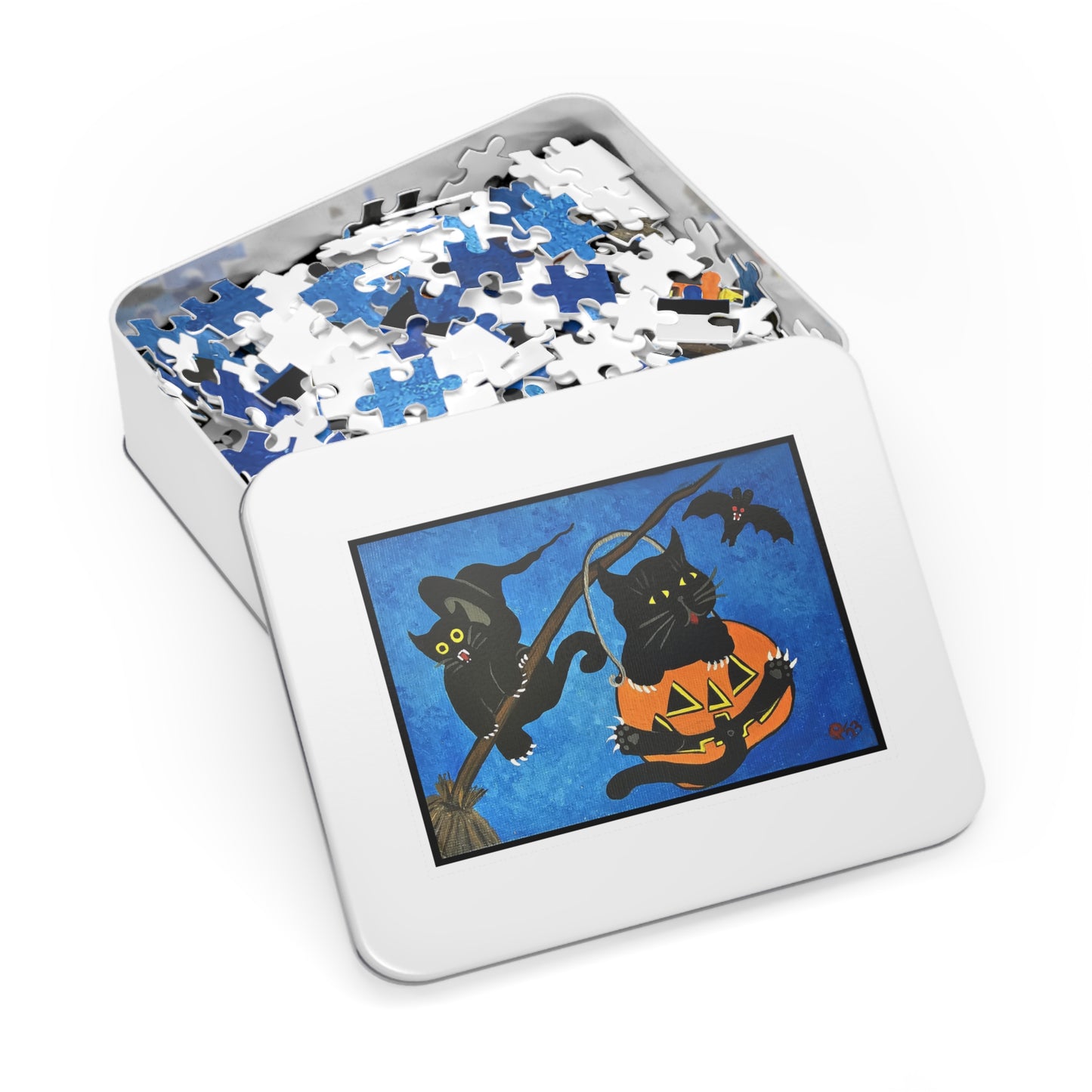 Halloween Black Cats Jigsaw Puzzle with Tin – Cute Pumpkins & Witch Hat Design