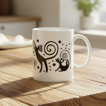 Ceramic Mug, Whimsical Black Pet Silhouette Coffee Cup (11oz/15oz)