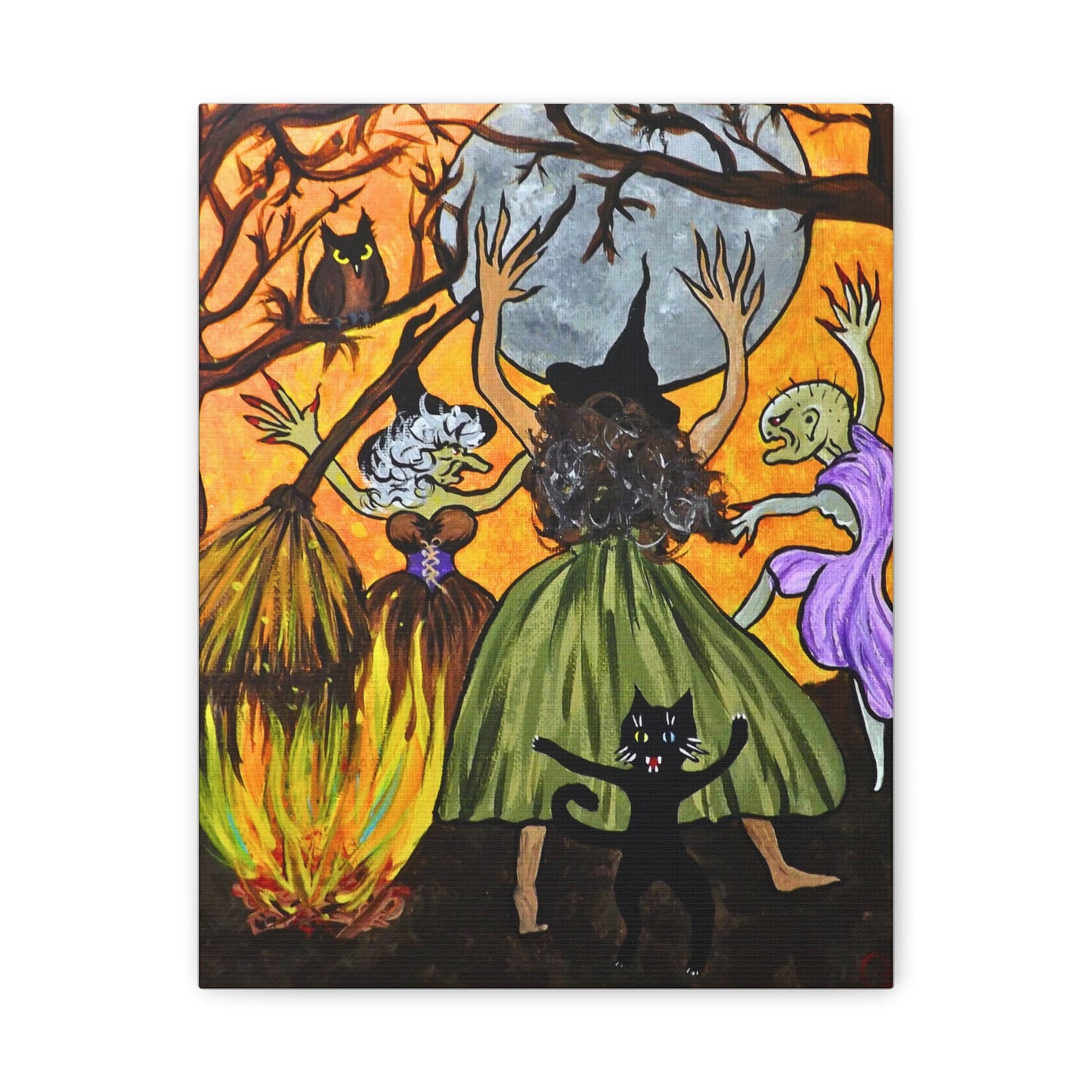 Trickster The Cat Dances with Witches at a Bonfire Matte Canvas, Stretched, 1.25"