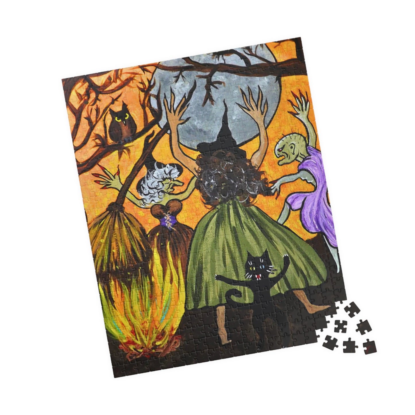 Trickster Dances with Witches at a Bonfire Jigsaw Puzzle