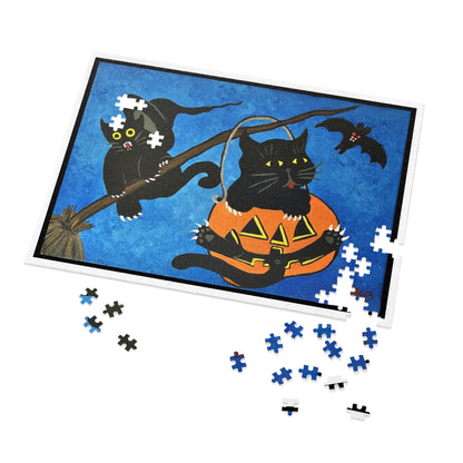 Halloween Black Cats Jigsaw Puzzle with Tin – Cute Pumpkins & Witch Hat Design