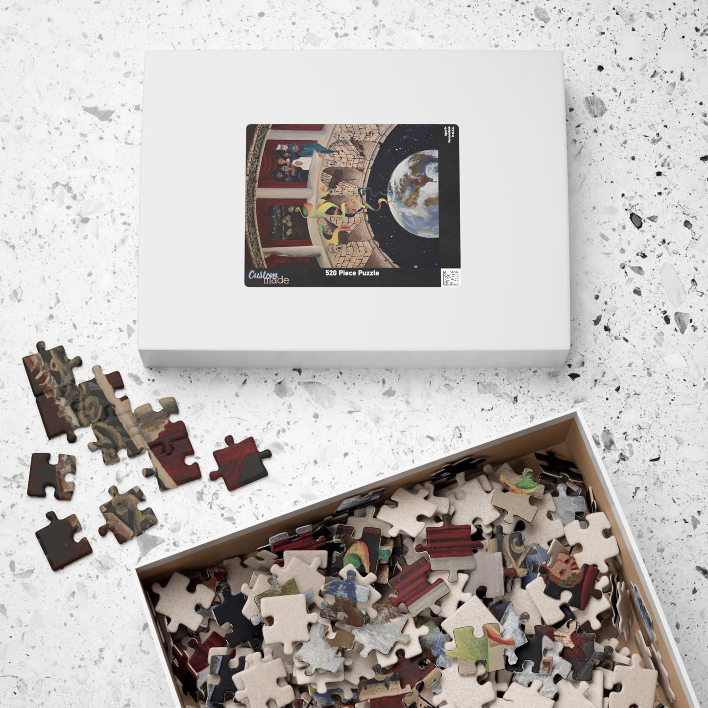 Exploration of Faith through Ethereal Cosmology Jigsaw Puzzle — Surreal Globe & Audience Artwork (110/252/520/1014 pcs)