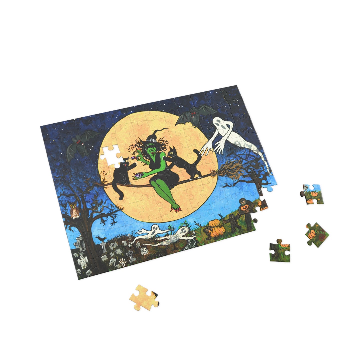 Witching Night Under a Yellow Moon With Friends  Puzzle (96, 252, 500, 1000-Piece)