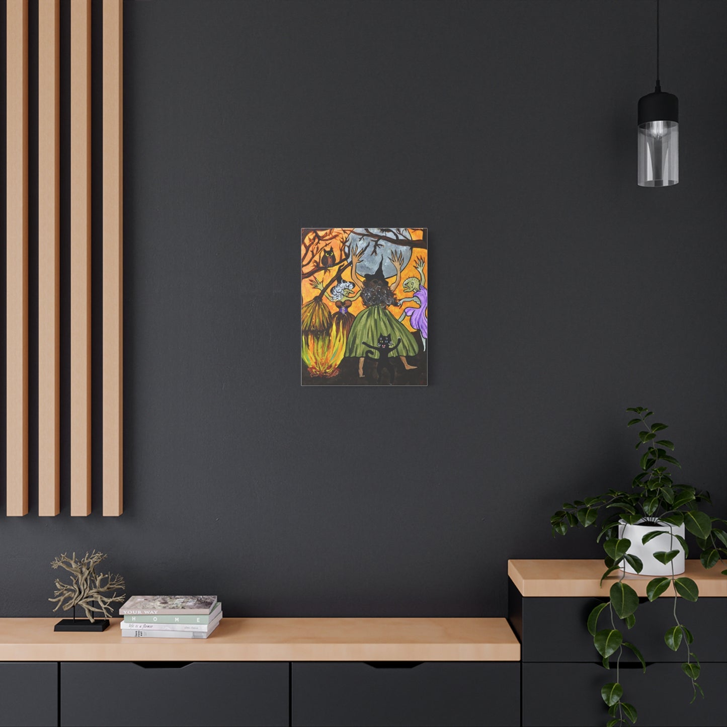 Trickster The Cat Dances with Witches at a Bonfire Matte Canvas, Stretched, 1.25"