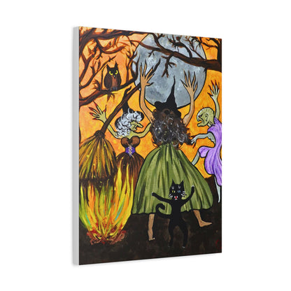 Trickster The Cat Dances with Witches at a Bonfire Matte Canvas, Stretched, 1.25"