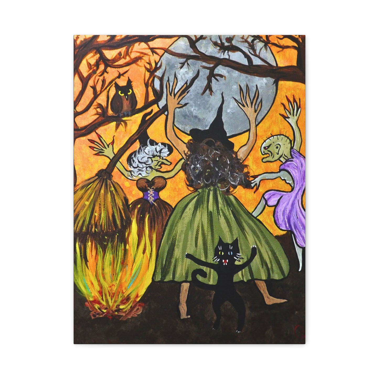 Trickster The Cat Dances with Witches at a Bonfire Matte Canvas, Stretched, 1.25"