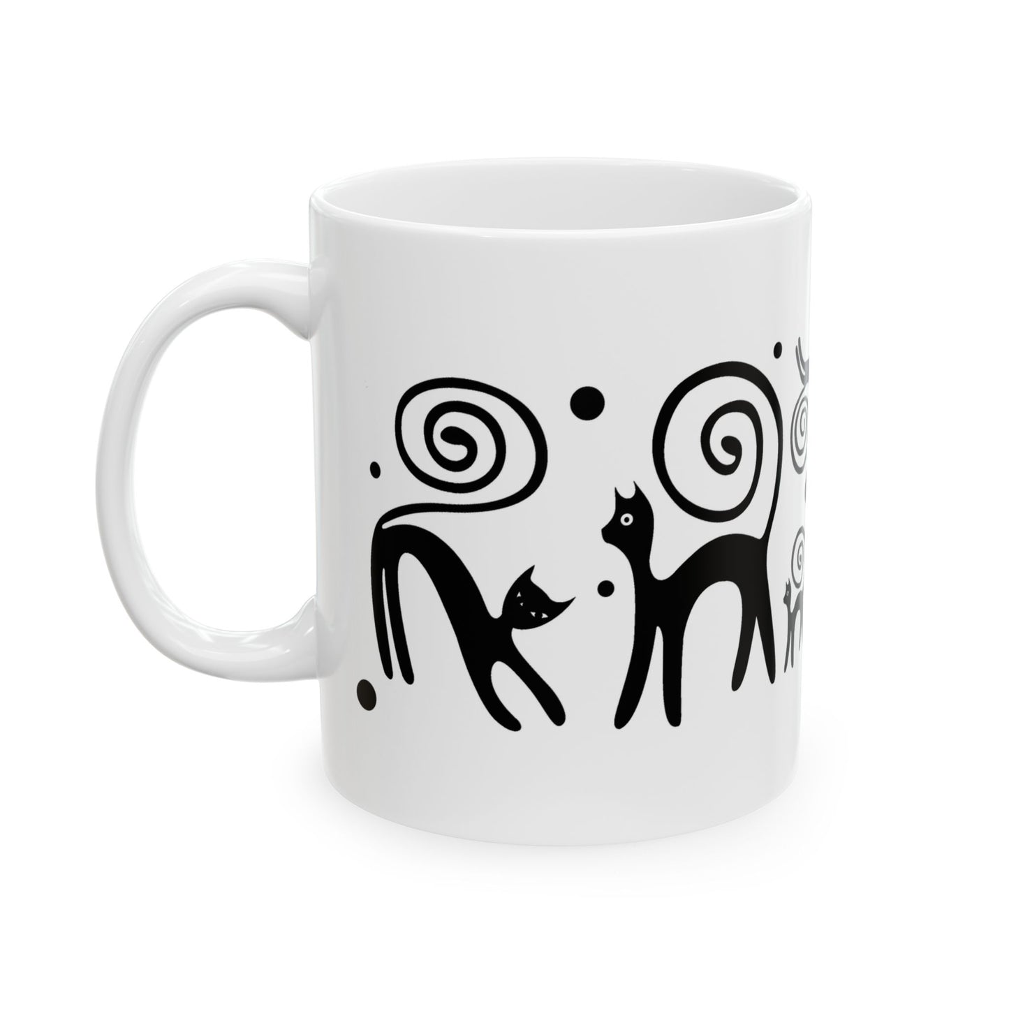 Ceramic Mug, Whimsical Black Pet Silhouette Coffee Cup (11oz/15oz)