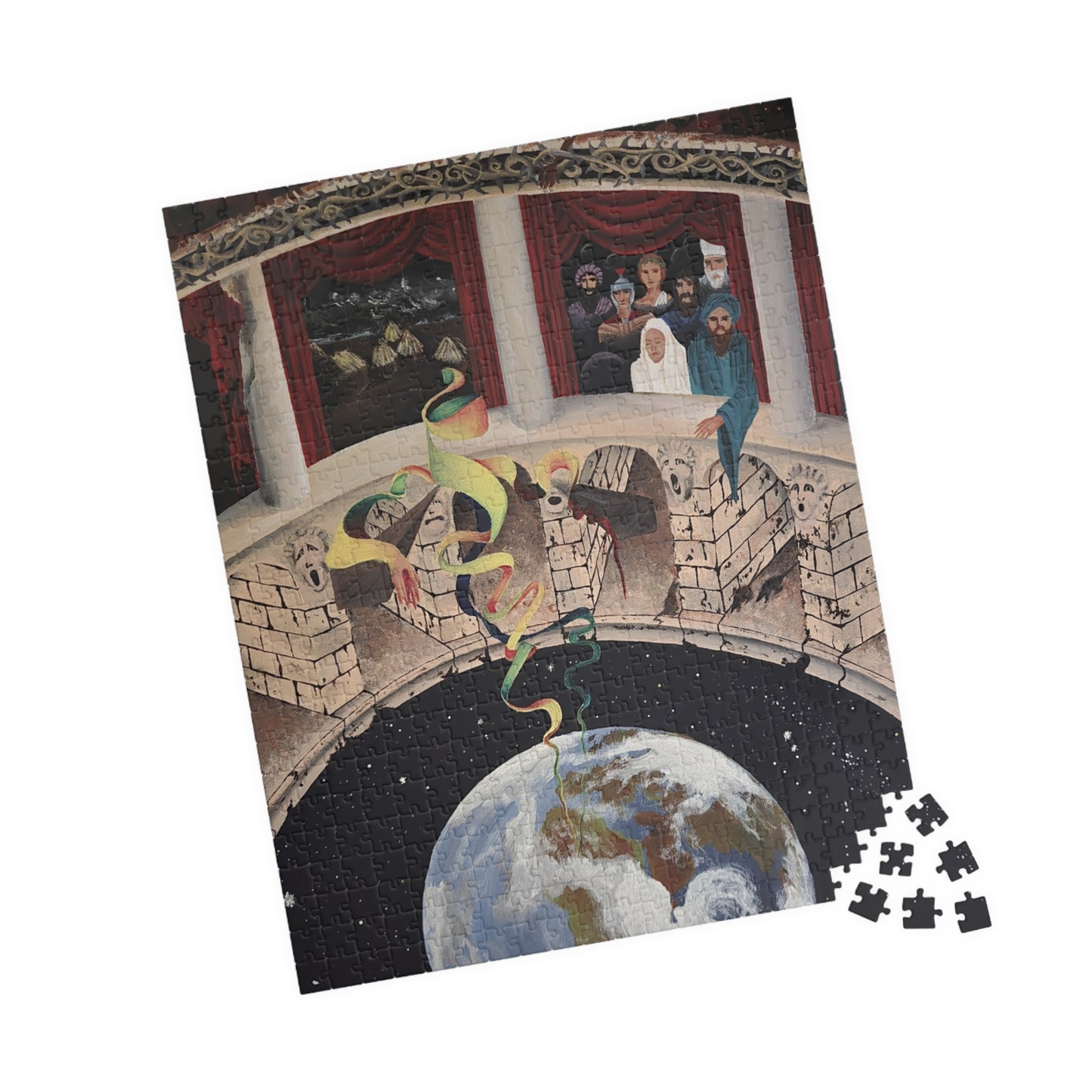 Exploration of Faith through Ethereal Cosmology Jigsaw Puzzle — Surreal Globe & Audience Artwork (110/252/520/1014 pcs)