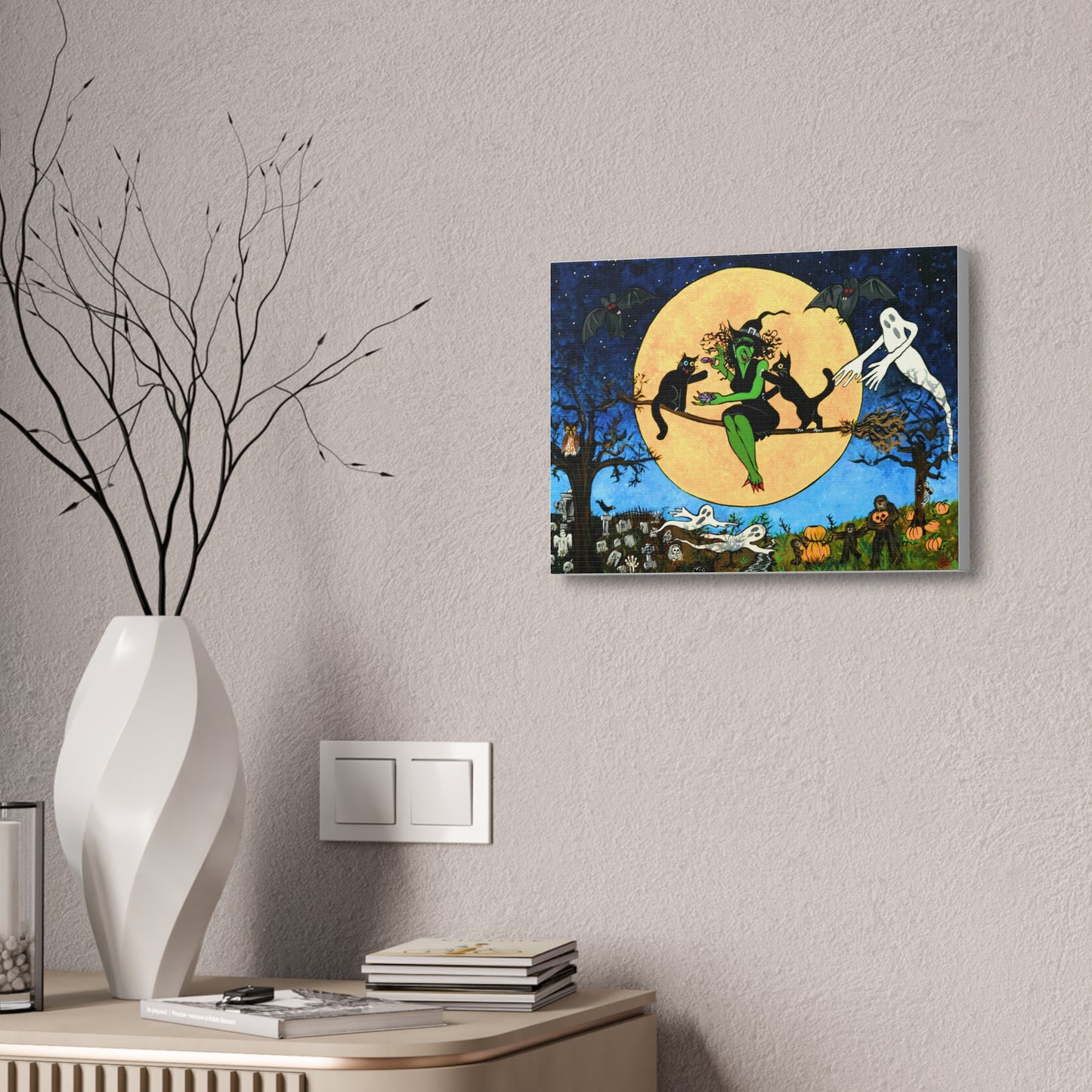 Halloween Witch Canvas Wall Art — Witching Night Under a Yellow Moon With Friends  Stretched Canvas