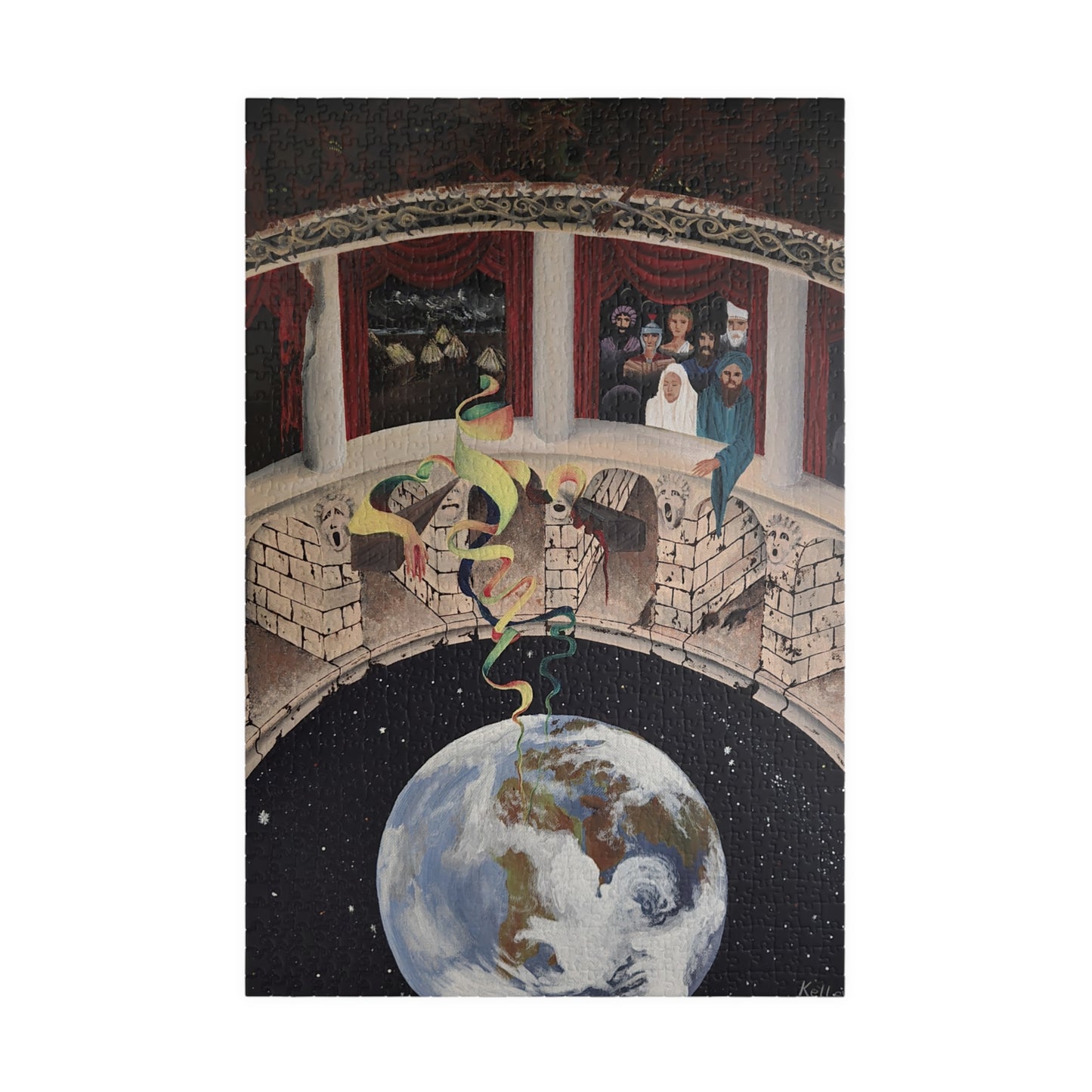 Exploration of Faith through Ethereal Cosmology Jigsaw Puzzle — Surreal Globe & Audience Artwork (110/252/520/1014 pcs)