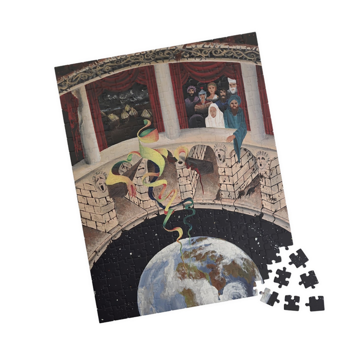 Exploration of Faith through Ethereal Cosmology Jigsaw Puzzle — Surreal Globe & Audience Artwork (110/252/520/1014 pcs)