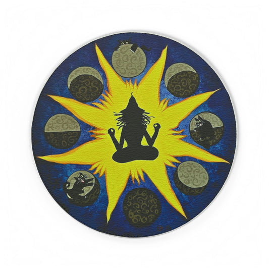 Meditation Moon Phases with Cats PU Leather Mouse Mat — Zen Yoga Silhouette Desk Pad