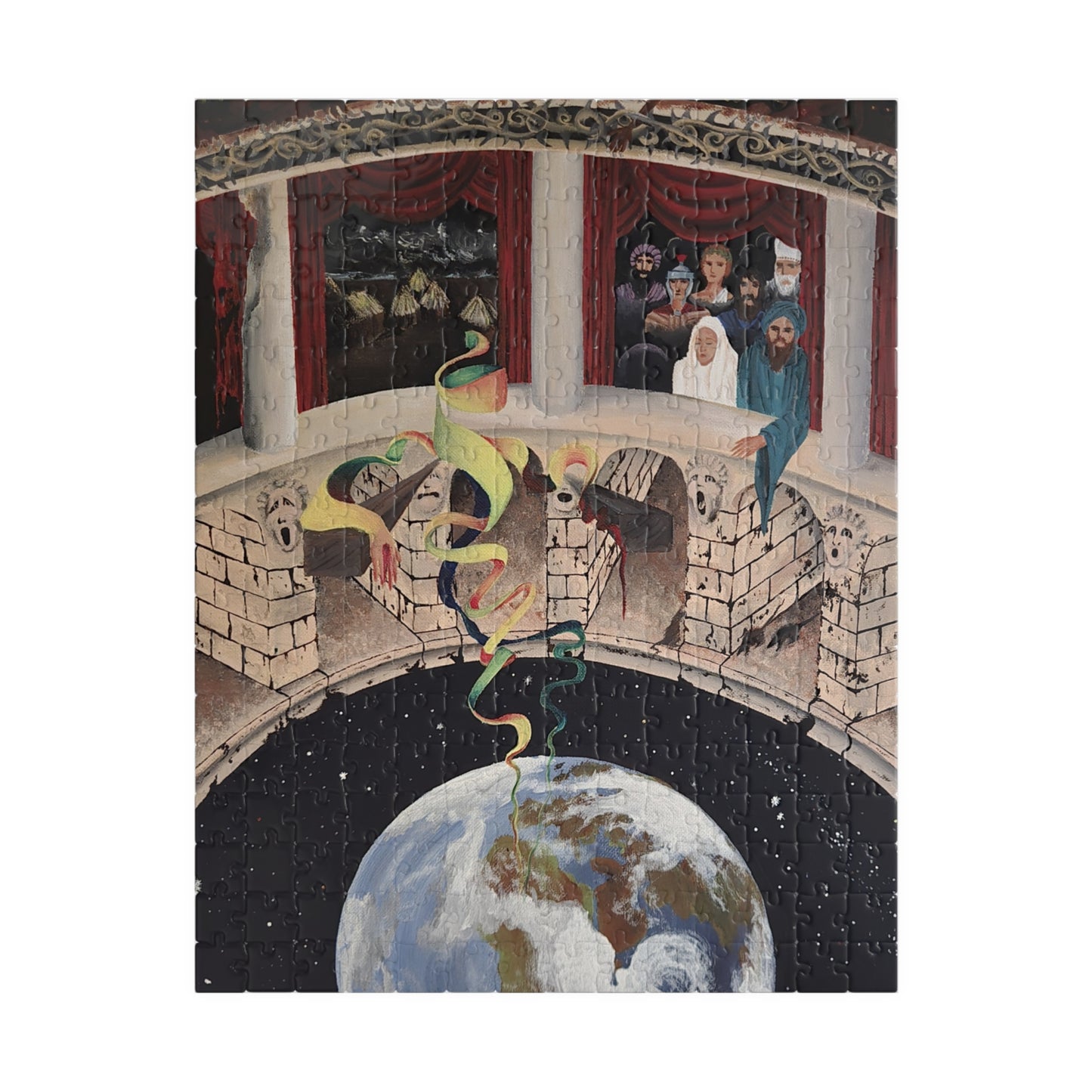 Exploration of Faith through Ethereal Cosmology Jigsaw Puzzle — Surreal Globe & Audience Artwork (110/252/520/1014 pcs)