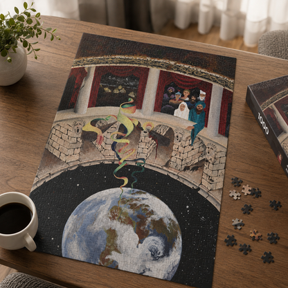 Exploration of Faith through Ethereal Cosmology Jigsaw Puzzle — Surreal Globe & Audience Artwork (110/252/520/1014 pcs)